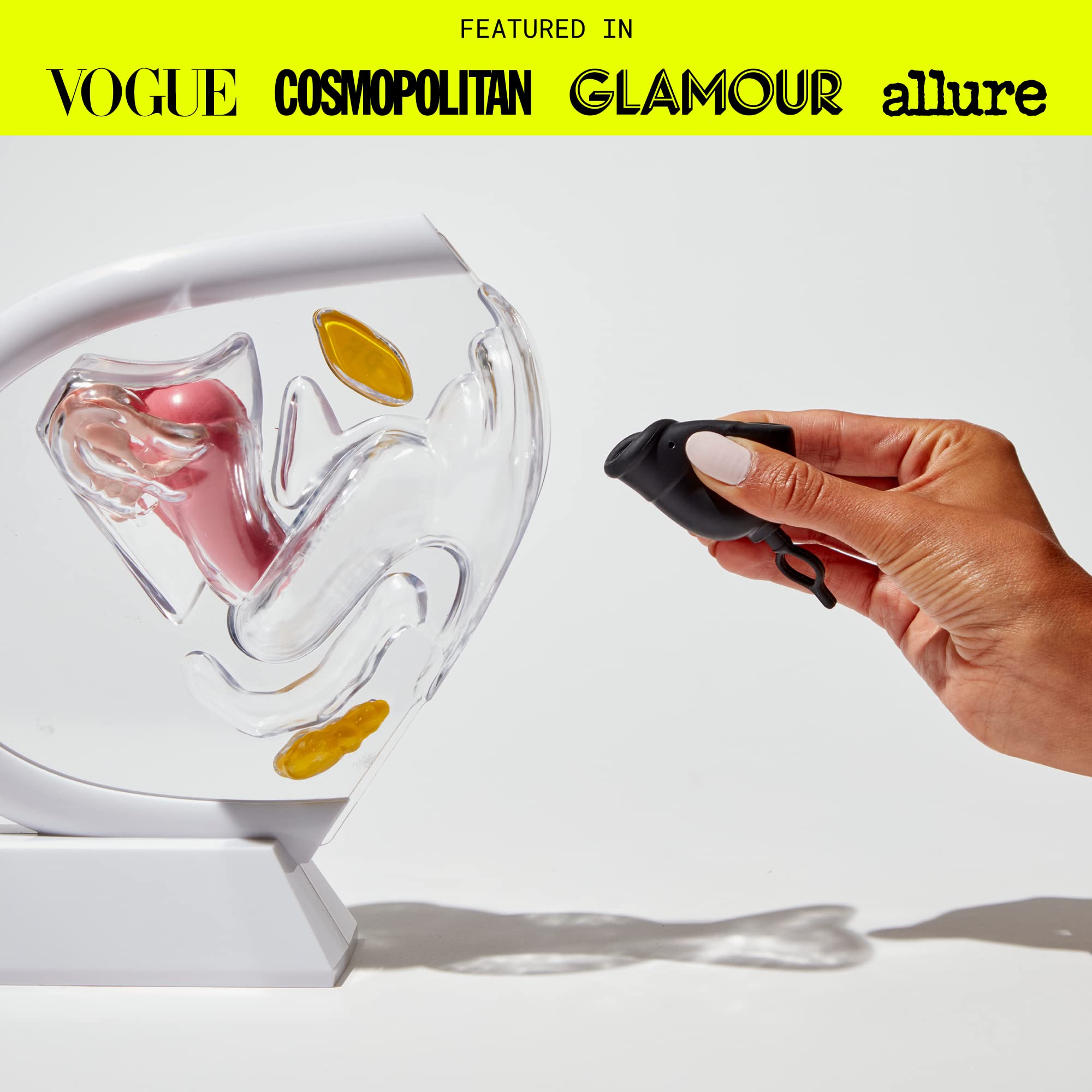 Flex Cup Size01 in-use demonstrates comfortable, up to 12-hour protection.