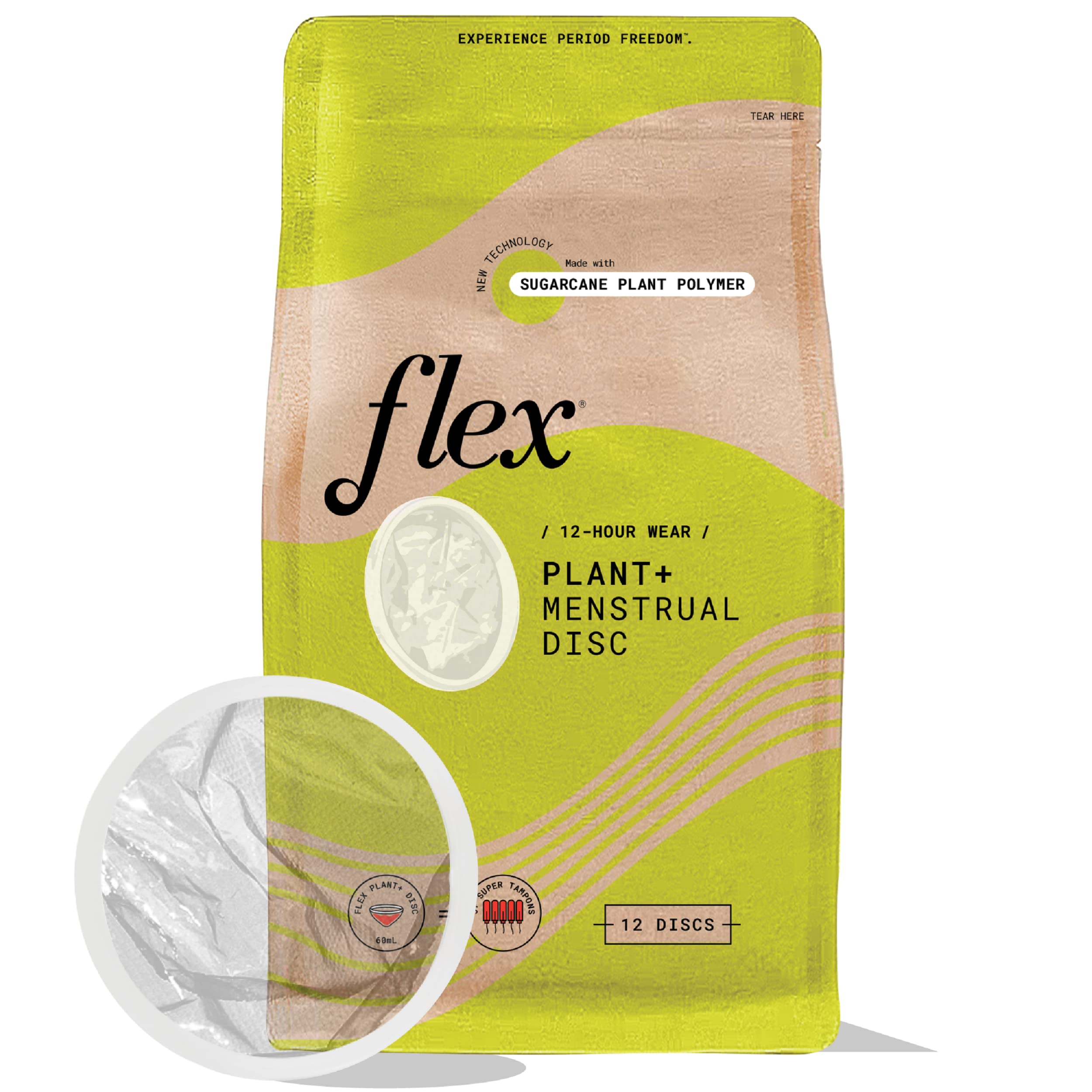 FLEX Plant Plus Disc packaging highlights plant-based design for comfortable, eco-conscious wear.