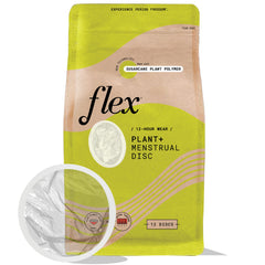 FLEX Plant Plus Disc packaging highlights plant-based design for comfortable, eco-conscious wear.