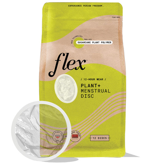 FLEX Plant Plus Disc packaging highlights plant-based design for comfortable, eco-conscious wear.