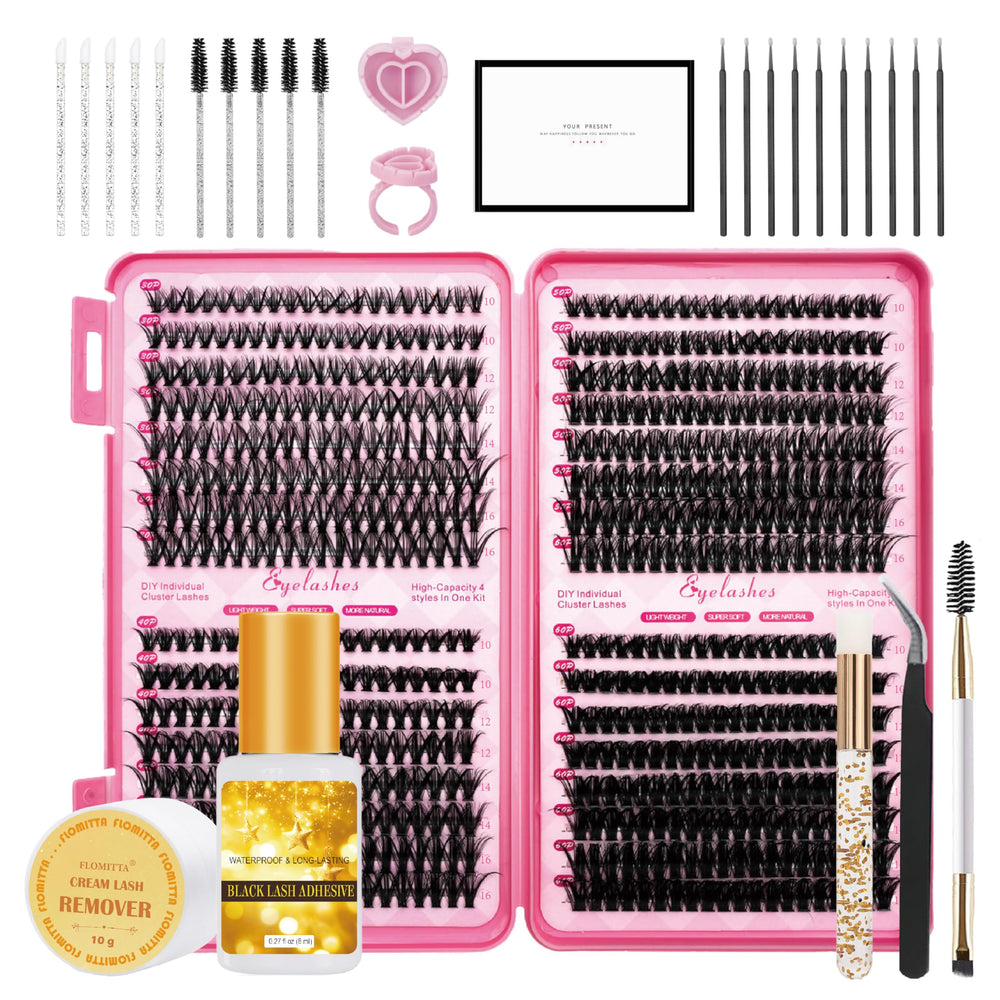 Flomitta Lash Clusters Kit 10-16mm with mixed lengths for versatile eye looks.