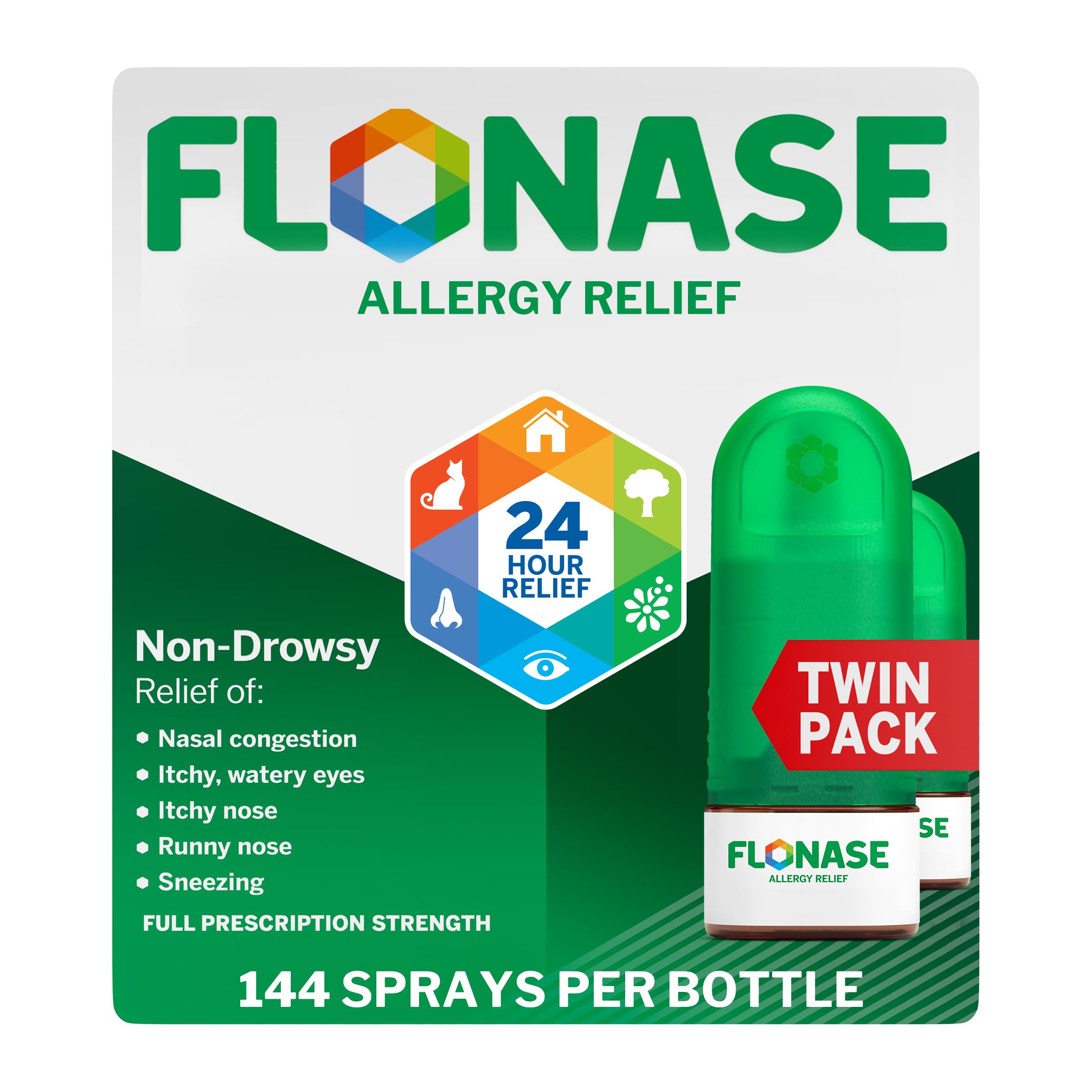 Flonase allergy relief nasal spray front bottle twin-pack for all-day relief.