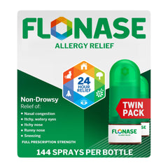 Flonase allergy relief nasal spray front bottle twin-pack for all-day relief.
