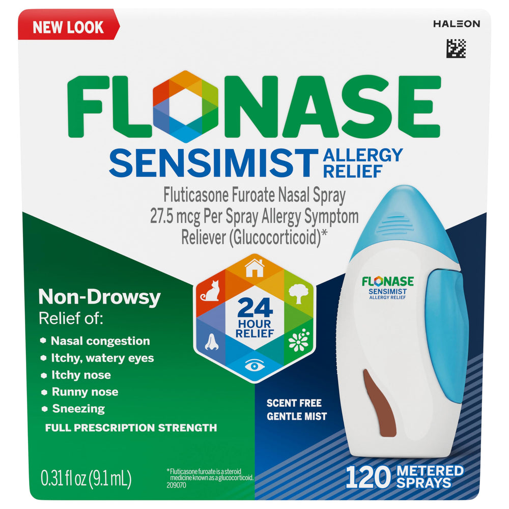 Flonase Sensimist bottle closeup shows scent-free mist for all-day allergy relief.