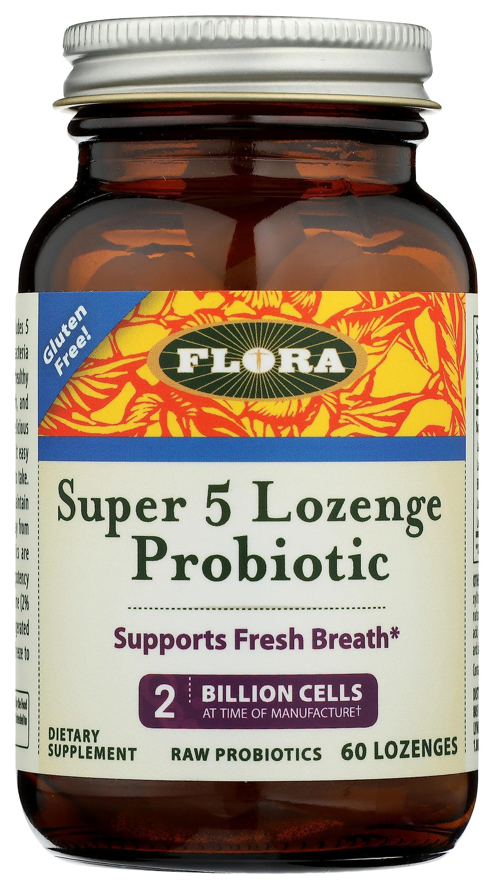 Flora Five-Strain Probiotic Raspberry lozenge front view