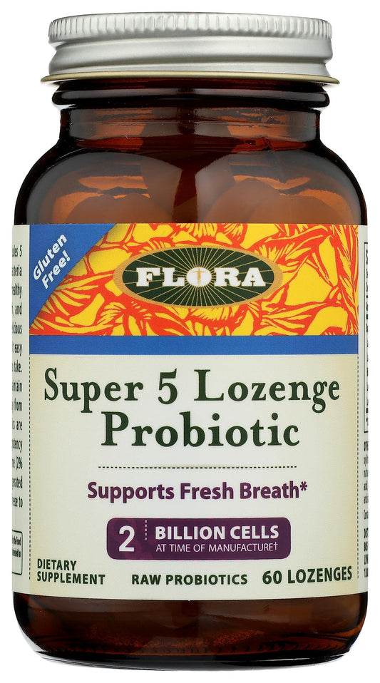 Flora Five-Strain Probiotic Raspberry lozenge front view