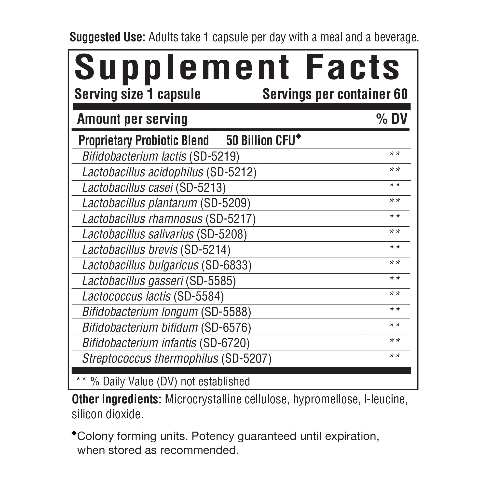 Close-up of 50 Billion CFU and 14 strains on Flora 50-14 label
