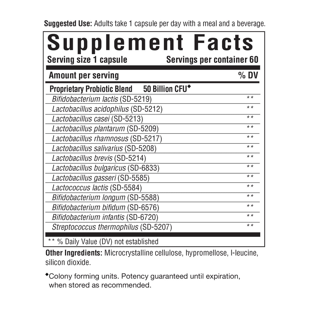Close-up of 50 Billion CFU and 14 strains on Flora 50-14 label