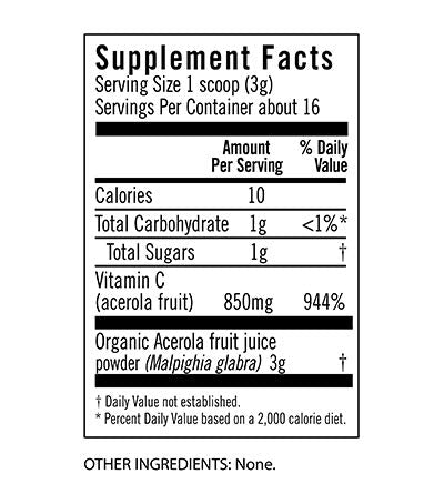 Nutrition facts panel for Flora Acerola Powder