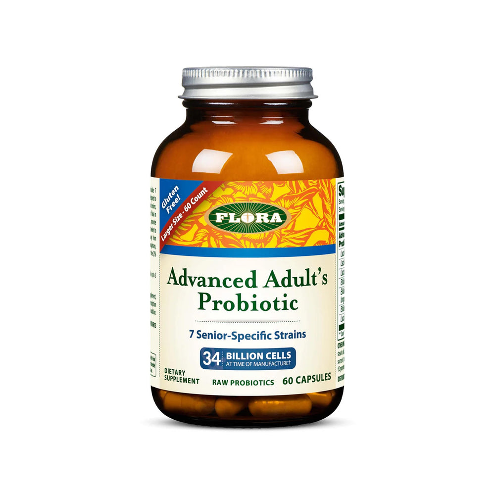 Flora Advanced Adult's Probiotic bottle shows seven senior-specific strains for gut support.