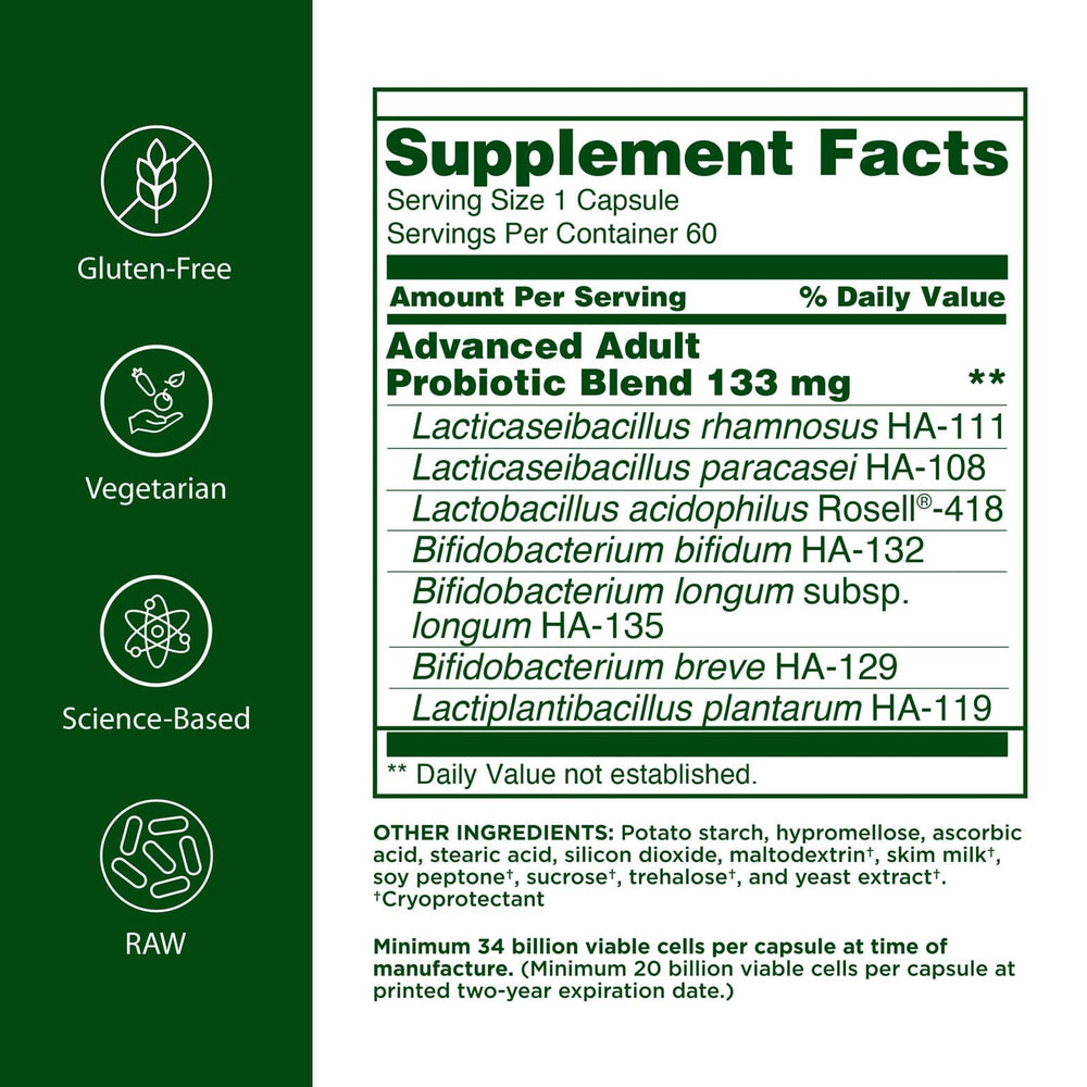Flora probiotic capsules close-up highlighting 34 billion CFU per serving.
