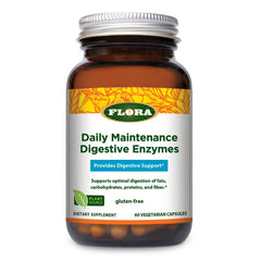 Bottle of Flora Daily Maintenance Digestive Enzymes showing seven-enzyme formula