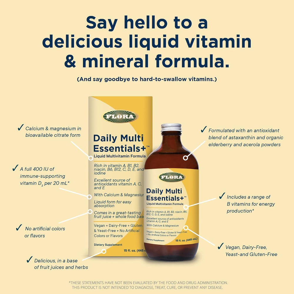 Flora Daily Multi Essentials+ bottle with label highlighting 13 vitamins and minerals