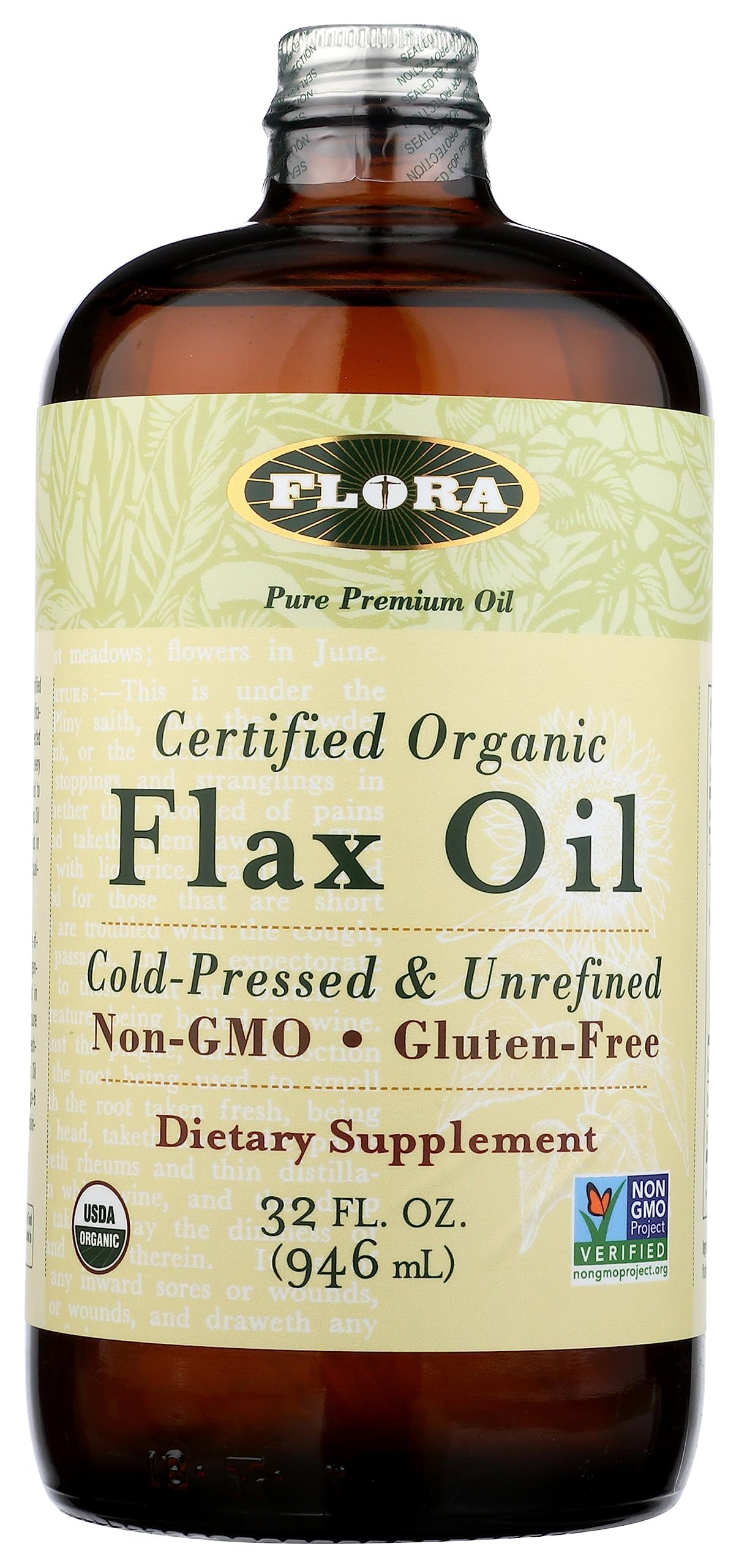 Flora Flax Oil in amber glass bottle 32 oz on kitchen counter