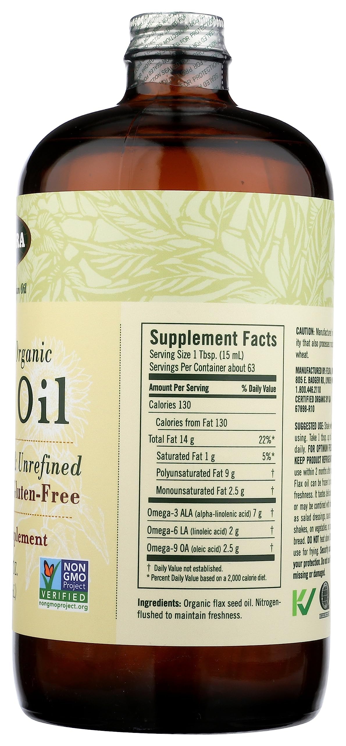 Side view of Flora Flax Oil amber bottle with label