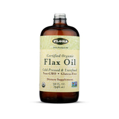 Flora flax oil cold-pressed bottle highlighting omega-3 and omega-6 support for daily balance.