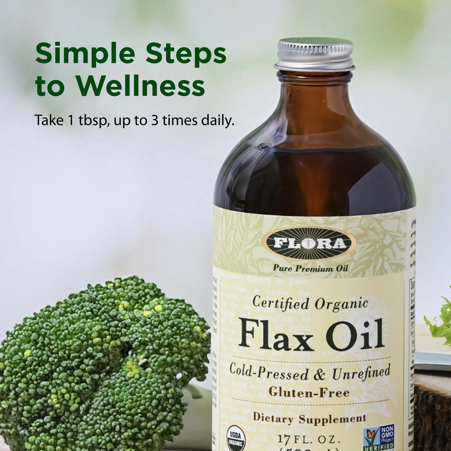 Flora flax oil refrigeration icon indicating need to keep chilled after opening.