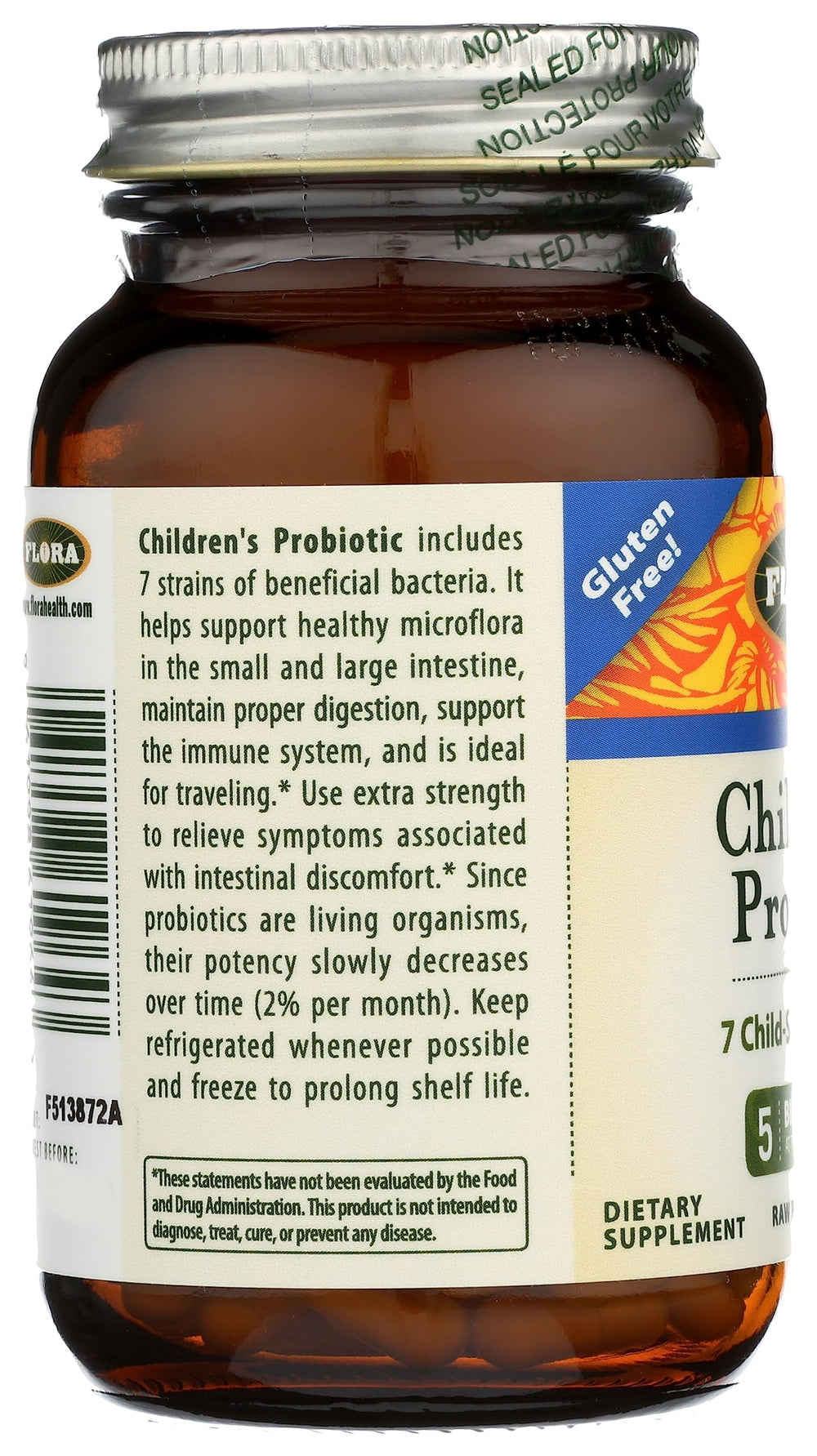 Label indicating gluten-free, vegetarian, RAW probiotic for children