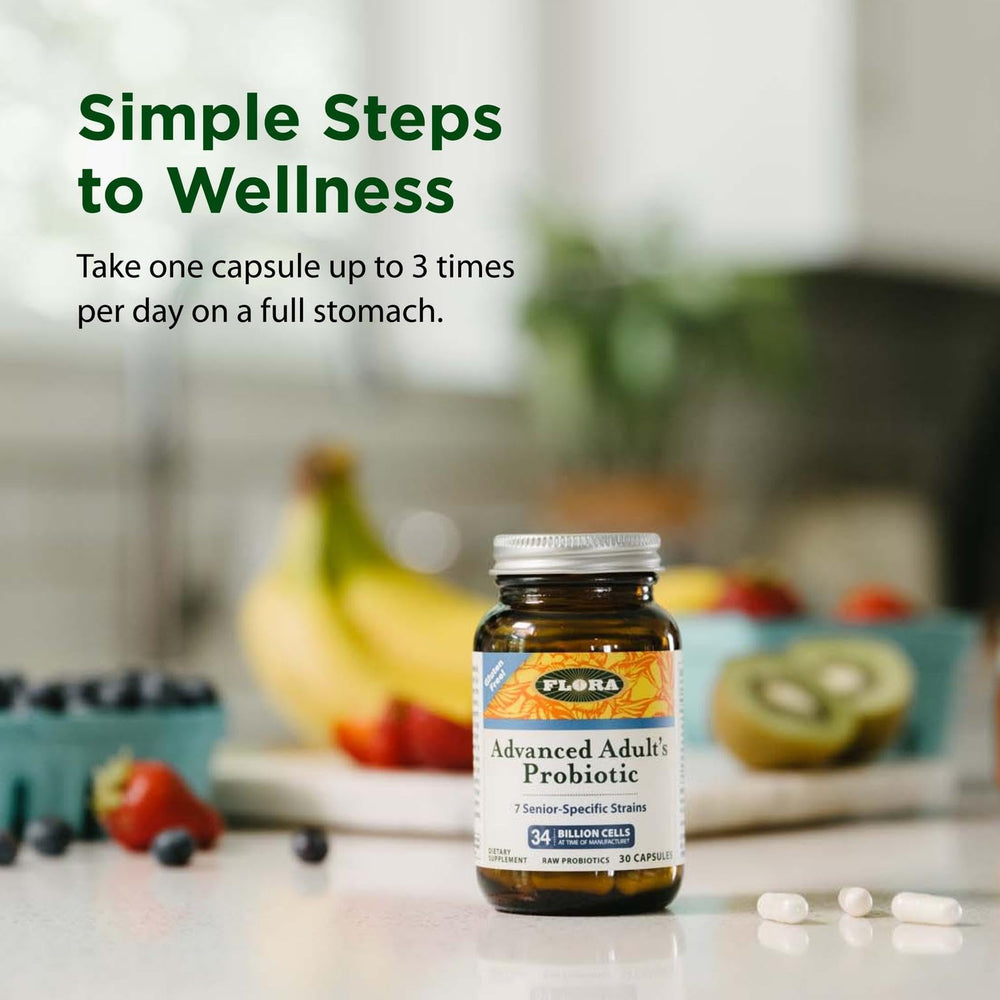 Flora gluten-free vegetarian raw probiotic bottle supports sensitive diets.