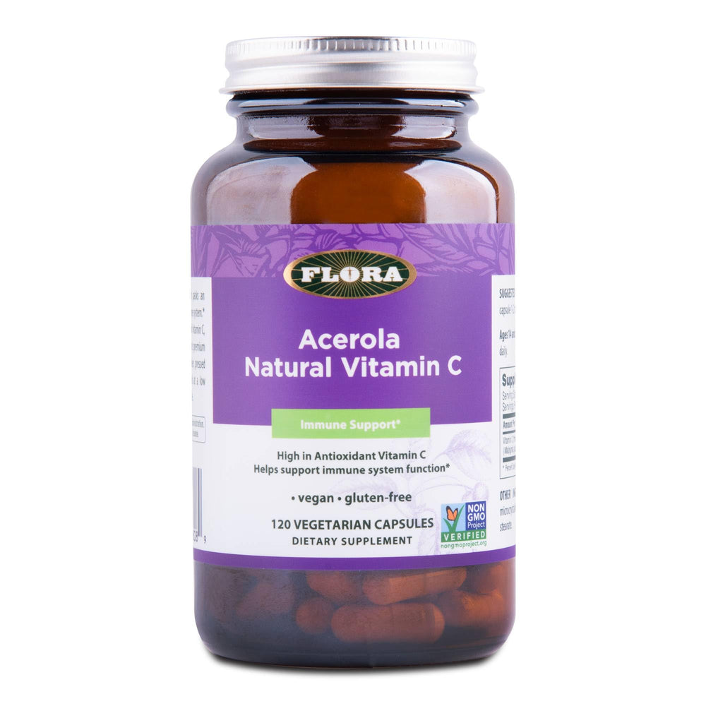Flora Health Acerola Natural Vitamin C capsules in a glass bottle