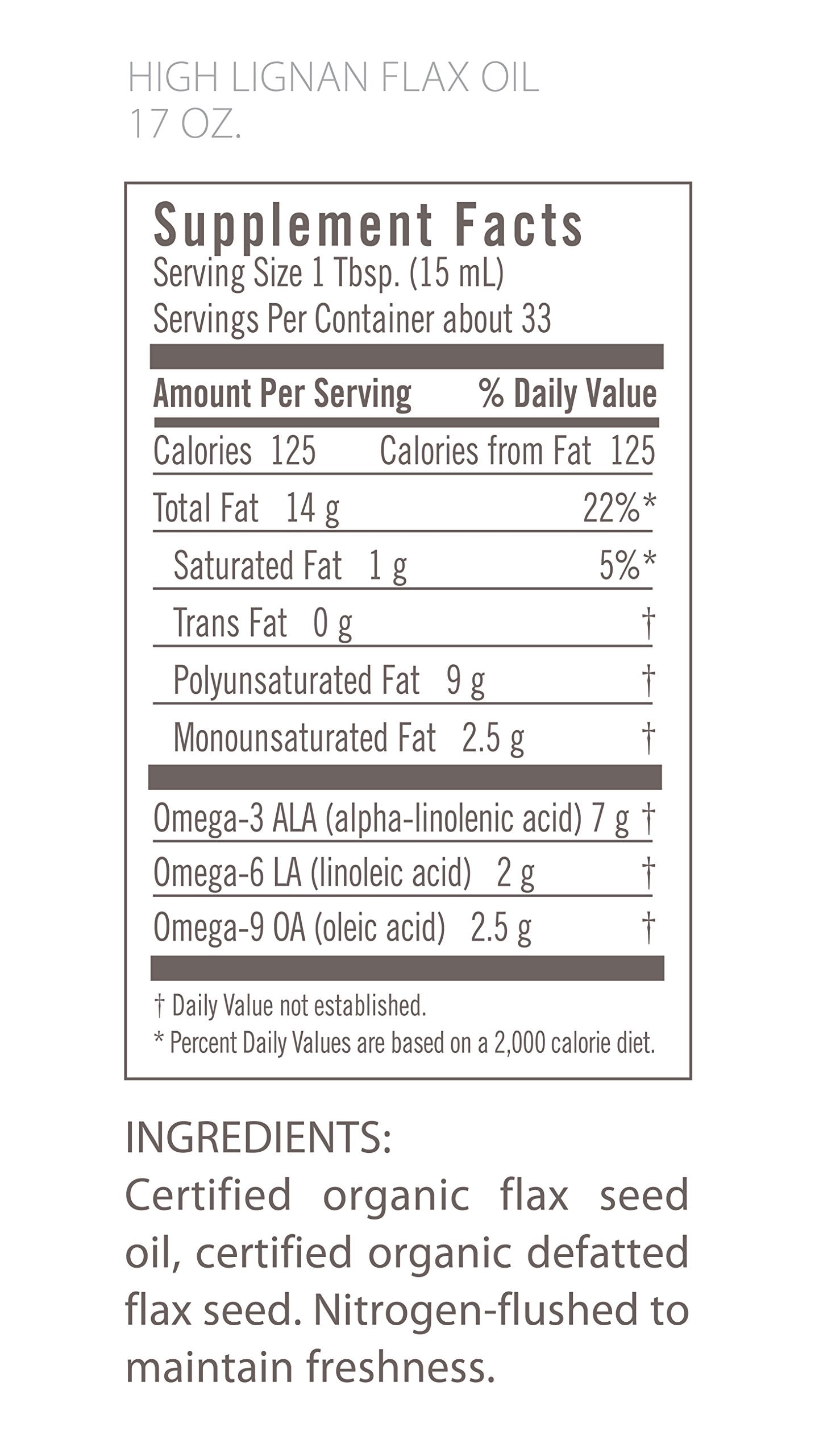 Close-up of Flora Health flaxseed oil bottle showing cold-pressed, unrefined oil