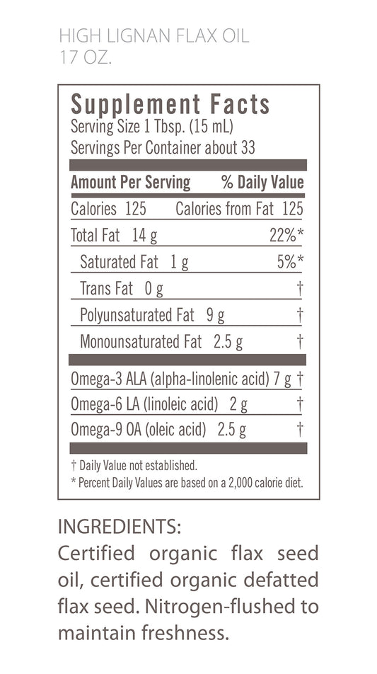 Close-up of Flora Health flaxseed oil bottle showing cold-pressed, unrefined oil