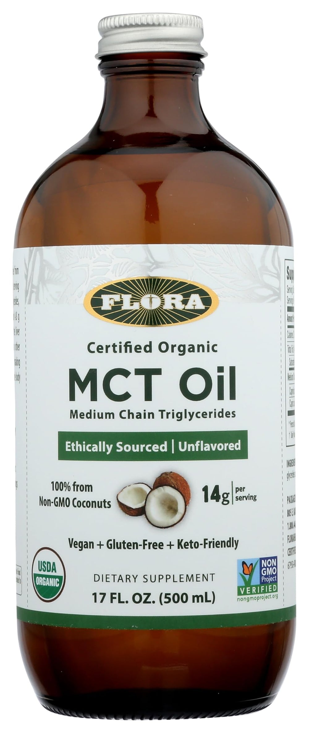 Hero image of Flora Health MCT Oil Organic Energy Boost in a 17 oz glass bottle