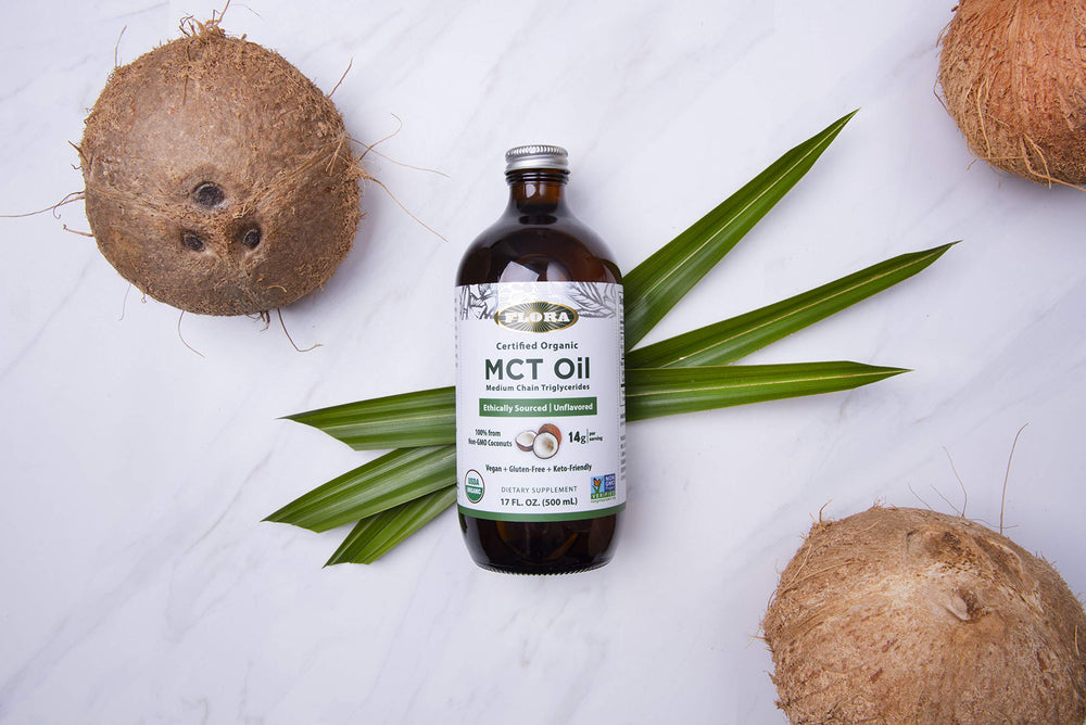 Glass bottle packaging for Flora Health MCT Oil Organic Energy Boost