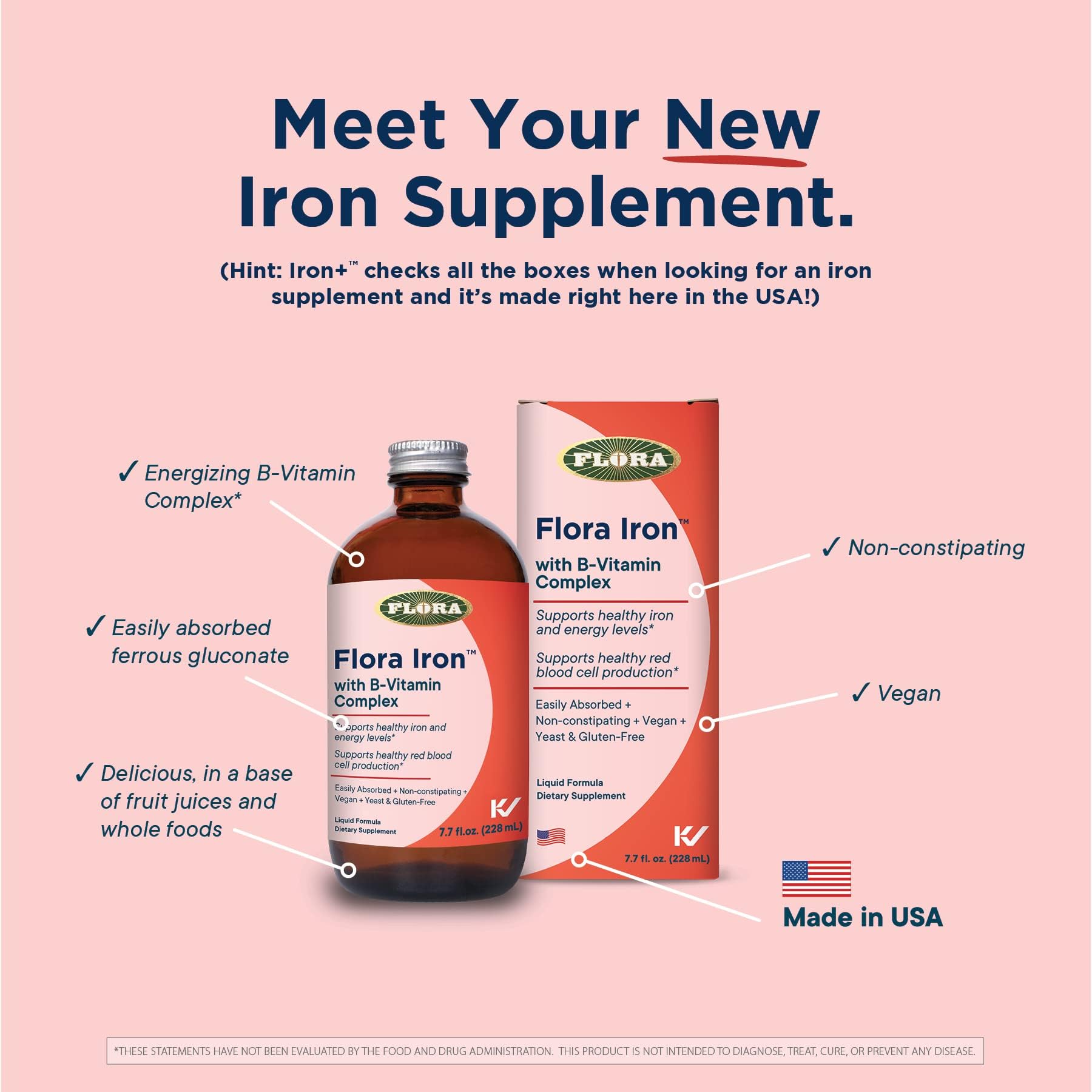 Close-up of Flora Iron liquid and dropper