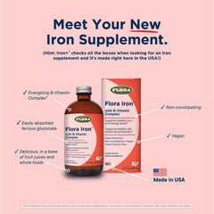 Close-up of Flora Iron liquid and dropper