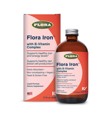 Flora Iron liquid iron supplement in a 7.7 fl oz glass bottle with fruit juice base