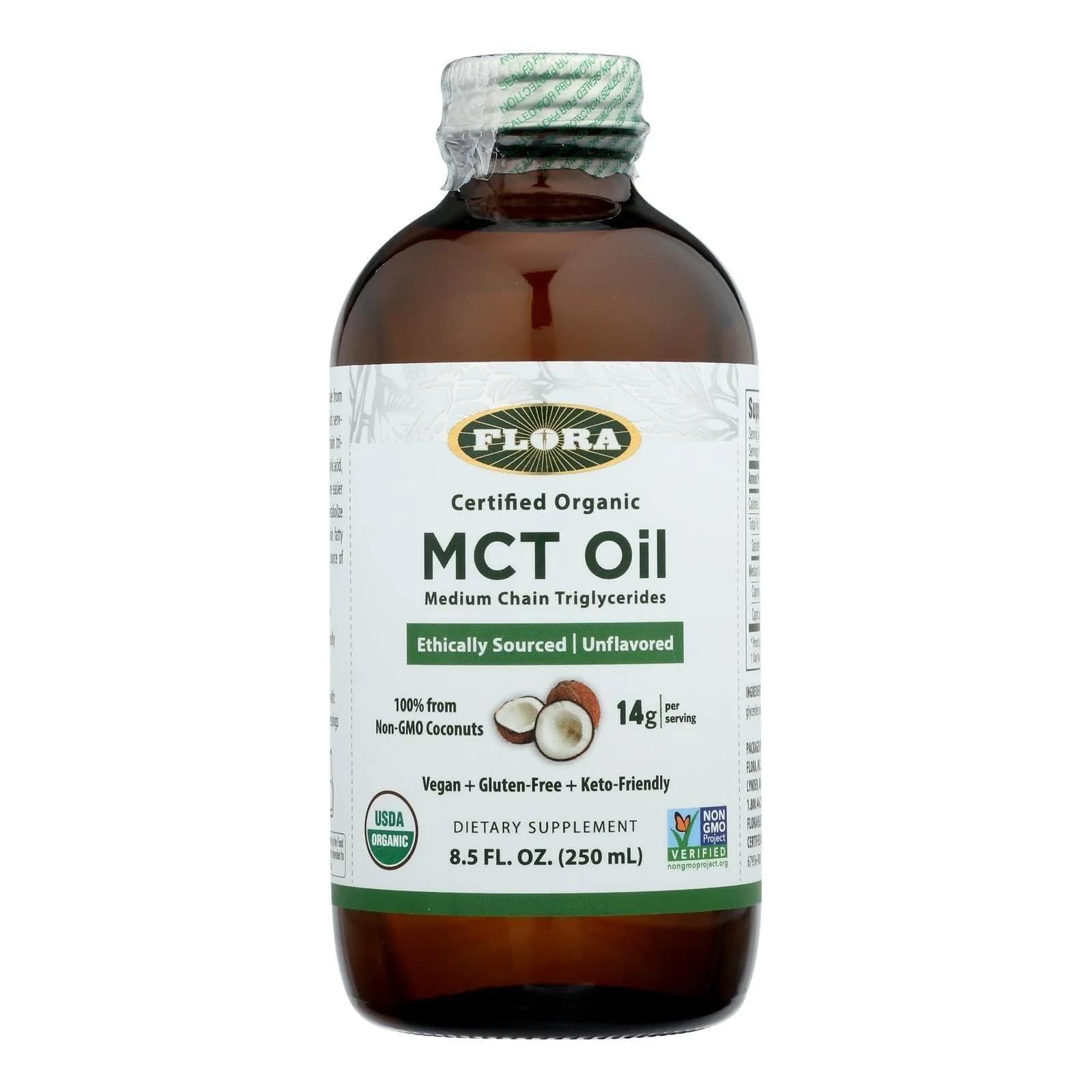 Hero image of Flora MCT Oil certified organic 8.5 oz glass bottle