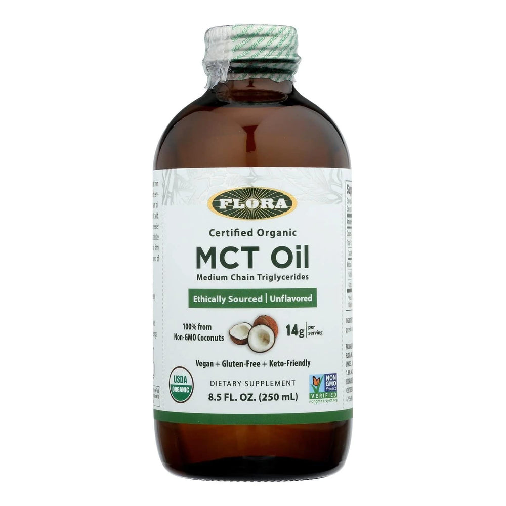 Hero image of Flora MCT Oil certified organic 8.5 oz glass bottle