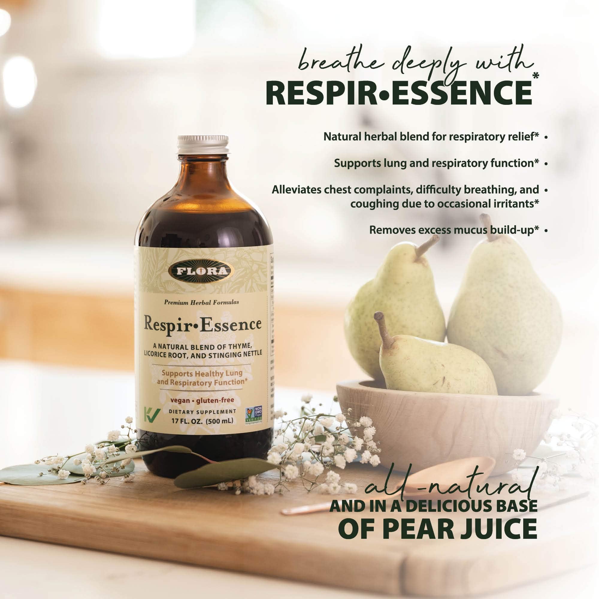Resp-Essence bottle with vegan, non-GMO, gluten-free and kosher labeling