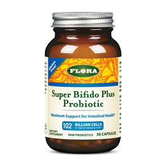 Flora Super Bifido Plus bottle shows 102 billion CFU for gut balance