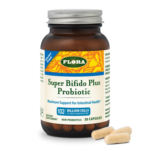 Flora Super Bifido Plus probiotic bottle with capsules