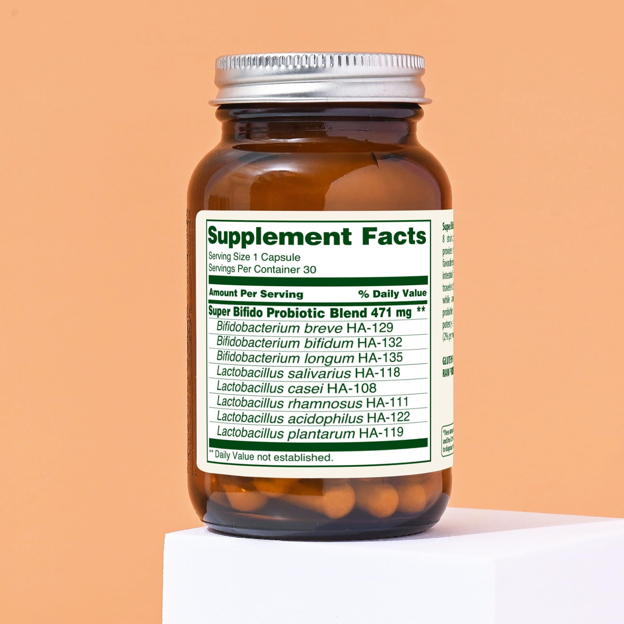 Close-up of 102 Billion CFU label on Flora bottle
