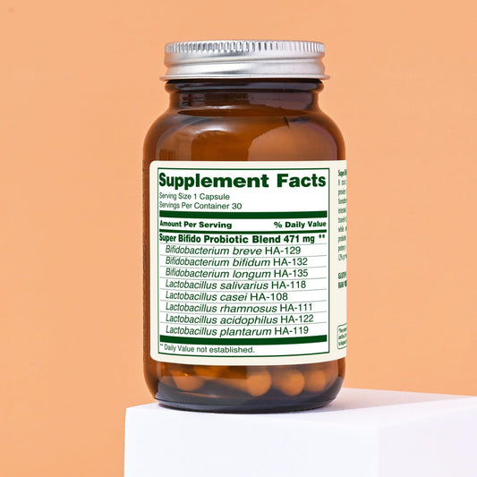 Close-up of 102 Billion CFU label on Flora bottle