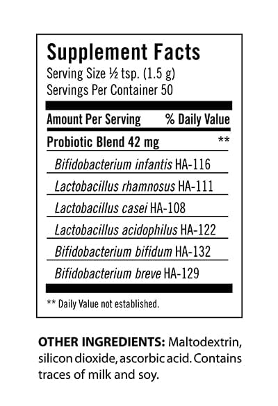 Back of Flora Toddler Probiotic powder packaging with details