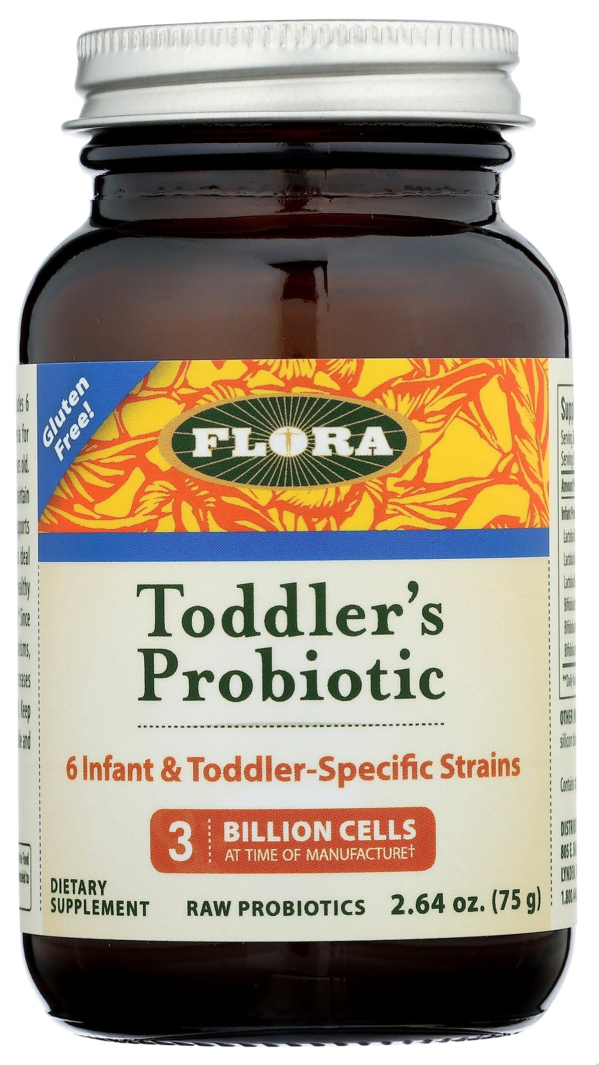 Front view of Flora Toddler Probiotic powder packaging