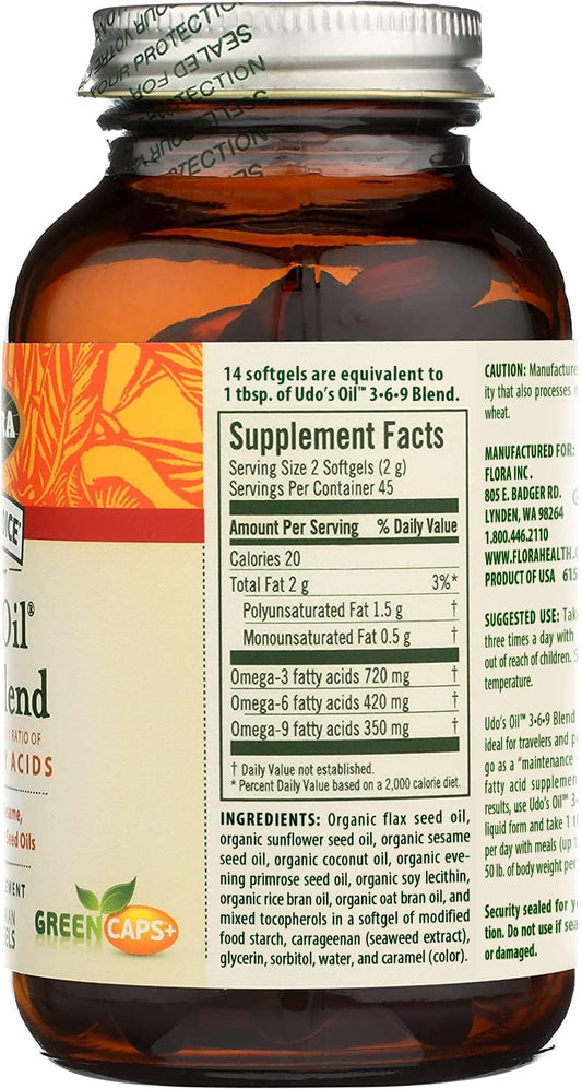 Close-up of product bottle label for Flora Udo's Oil 3-6-9 blend