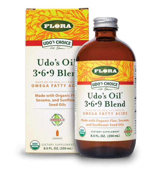 Flora Udo's Choice Omega 3-6-9 oil bottle in an 8.5 fl oz glass bottle