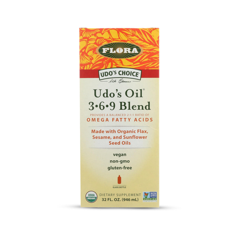 Flora UDO’s Oil bottle on shelf, plant-based omega blend for daily fats