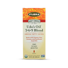 Flora UDO’s Oil bottle on shelf, plant-based omega blend for daily fats