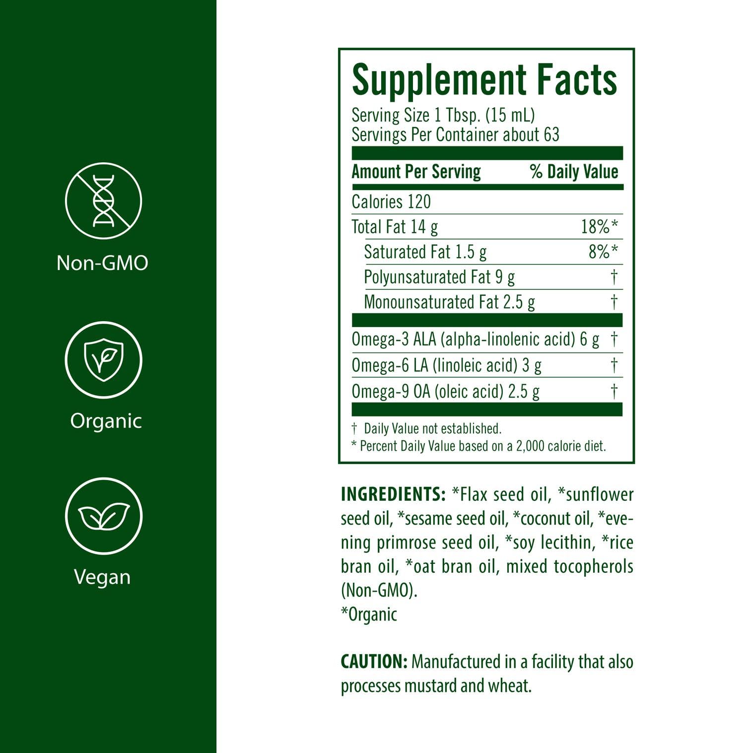 Close-up of Flora UDO’s Oil label emphasizing omega-3-6-9 ratio for balance