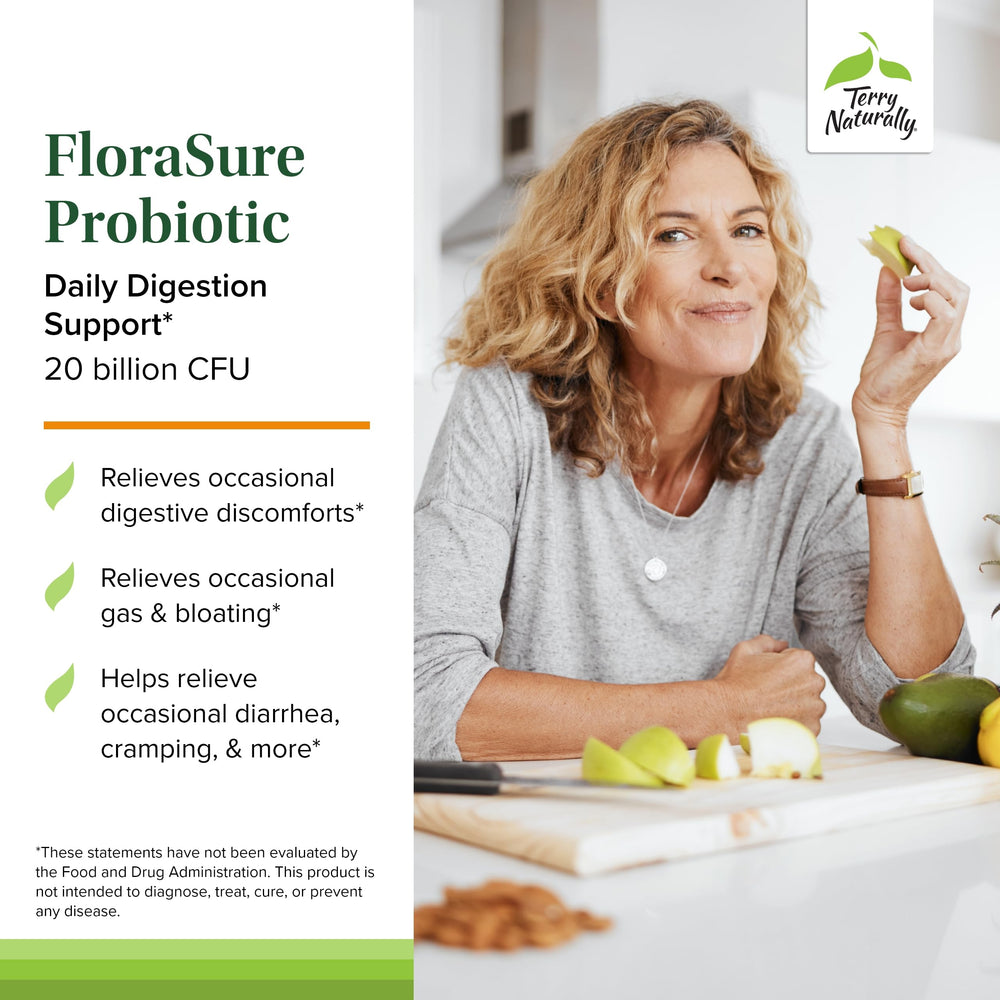 FloraSure Probiotic capsules spilling next to bottle