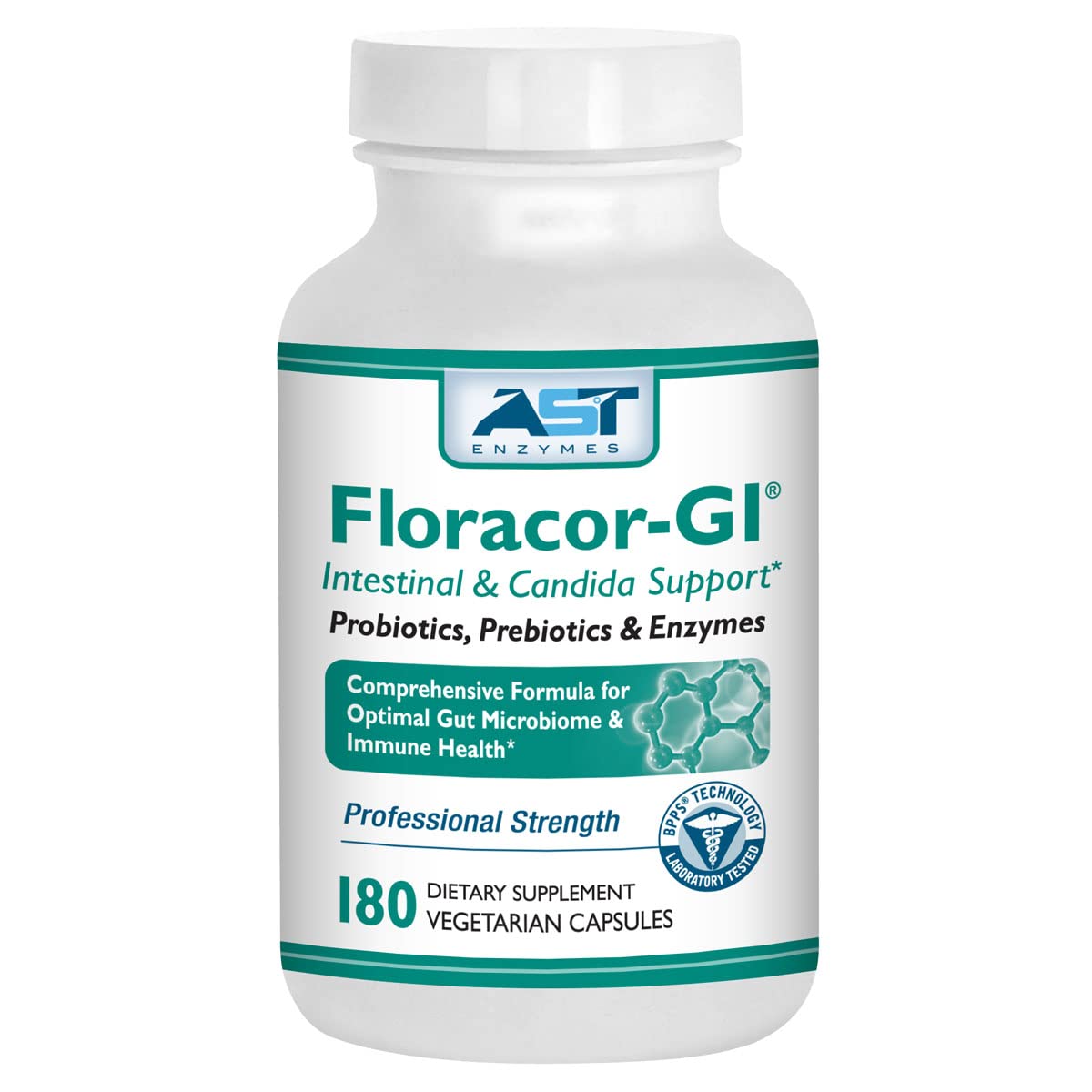 Floracor-GI probiotic and enzyme supplement bottle