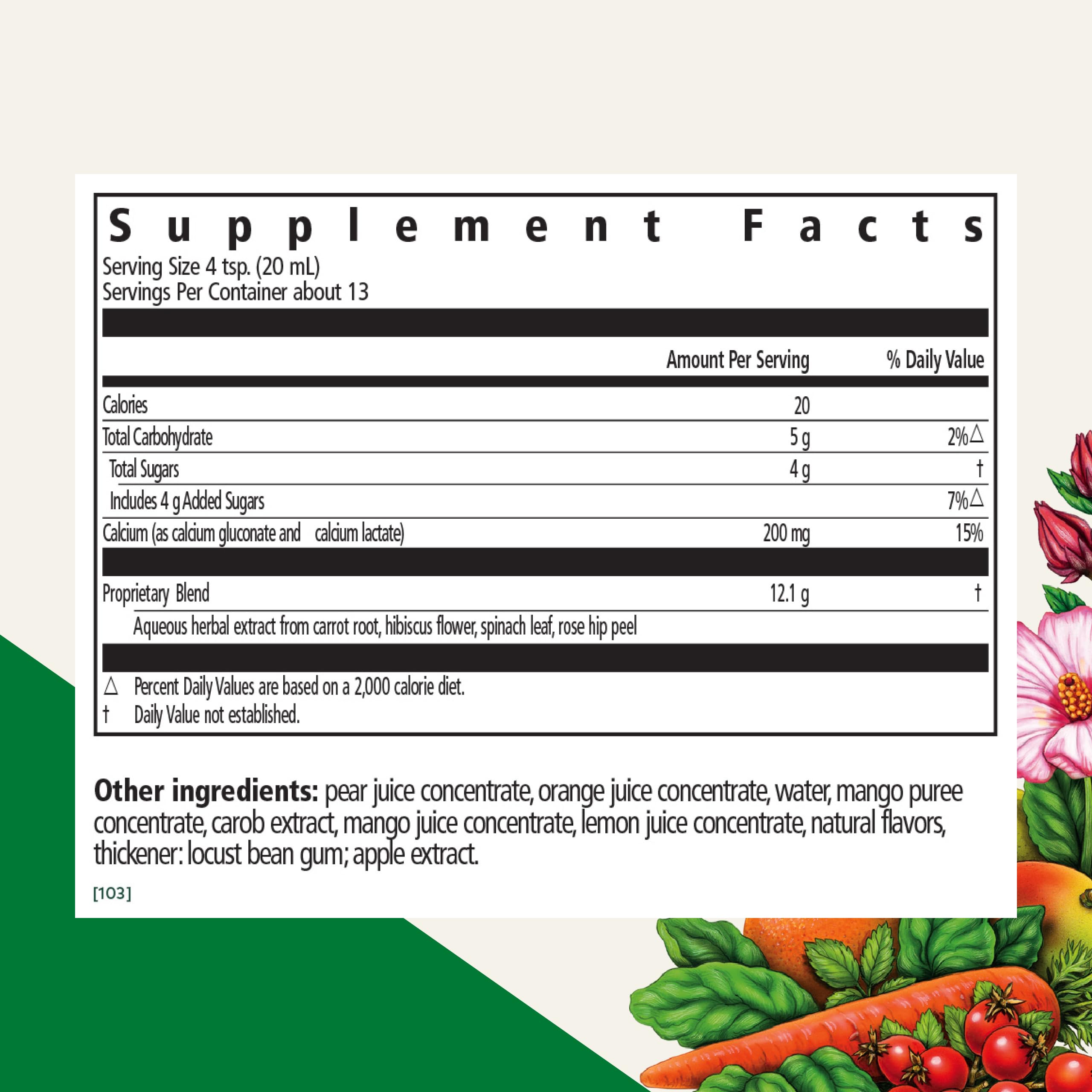 Close-up of Floradix Calcium Liquid label showing calcium per serving
