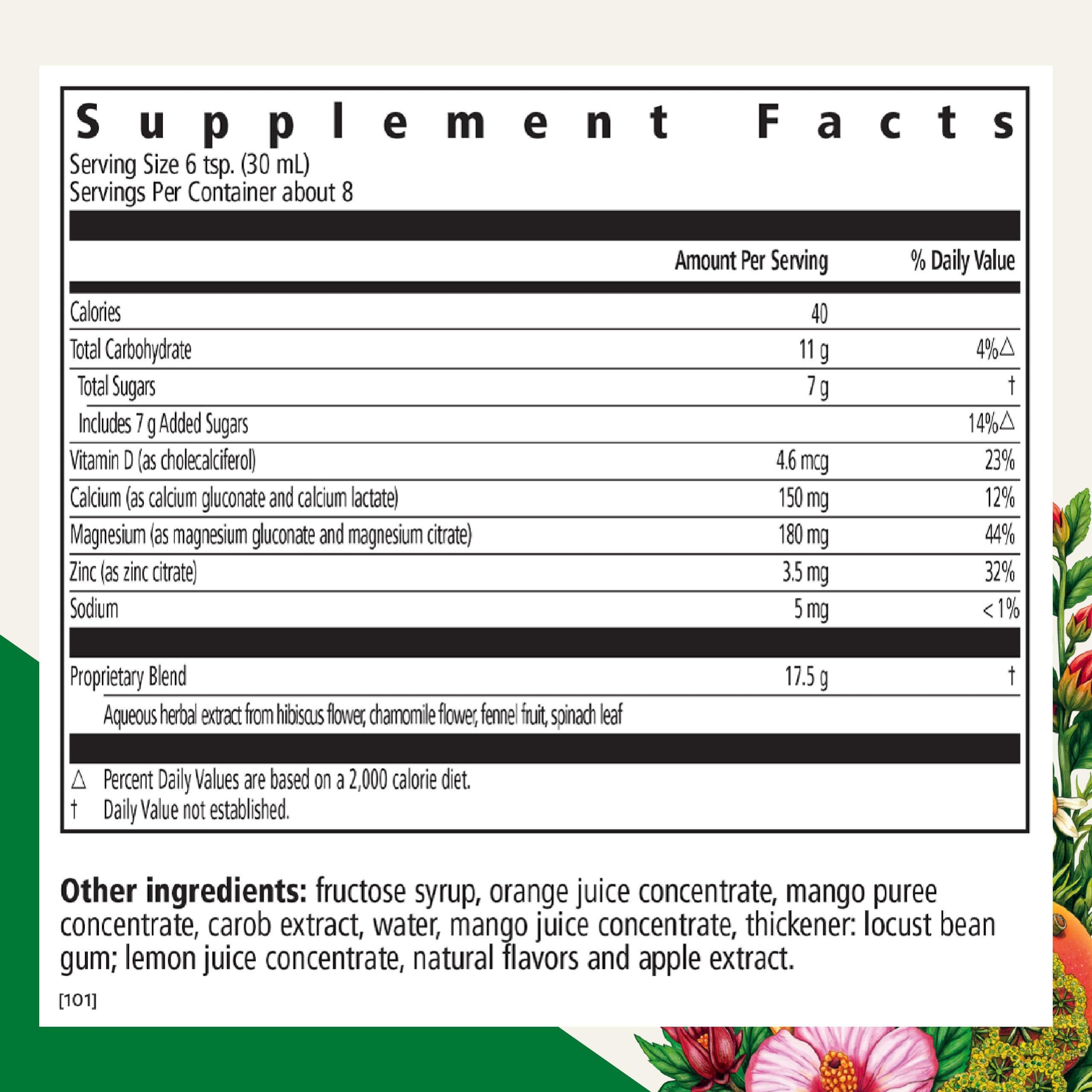 Close-up of Floradix ingredients showing calcium, magnesium, vitamin D and zinc.