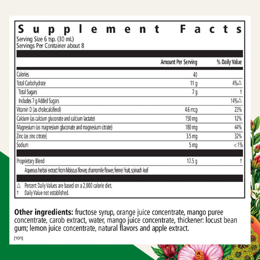 Close-up of Floradix ingredients showing calcium, magnesium, vitamin D and zinc.